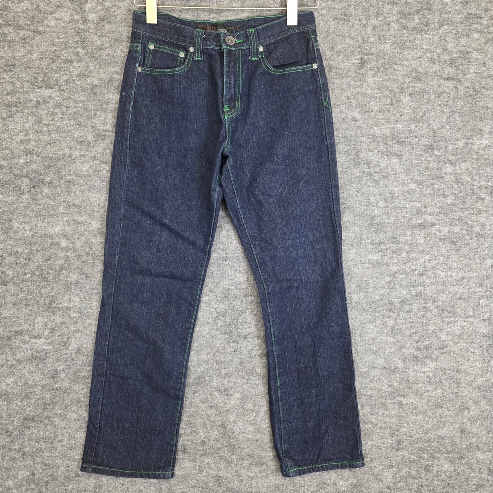 VTG NBN Gear Jeans Womens Sz 18 Blue Denim‎ Green Stitching Straight Hip Hop Y2K